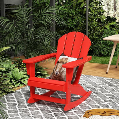 Costaelm Outdoor Adirondack Chair, All Weather Resistant Classic Balcony Chair and Fire Pit Chairs, Adirondack Plastic Outdoor Porch Furniture Rocking Chair High Back HDPE Poly Lumber, Red