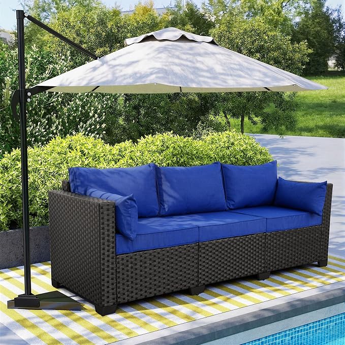 3-Seat Patio PE Wicker Sofa, Outdoor Rattan Couch Furniture Steel Frame with Furniture Cover and Deep Seat High Back, Royal Blue Anti-Slip Cushion