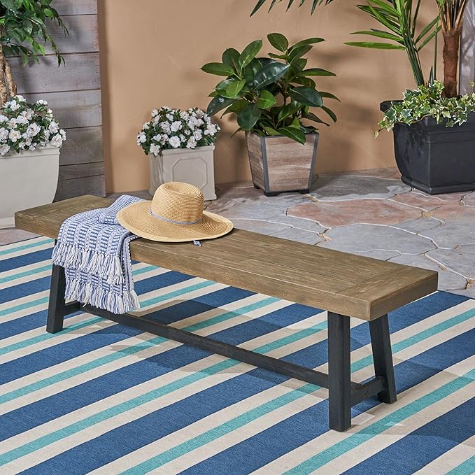 Merax Acacia Wood Outdoor Benches, 63" Rustic Patio Bench with Sandblast Gray Finish and H-Stretcher Design, Solid Hardwood Garden Bench for Dining, Porch, Fire Pit, Grey