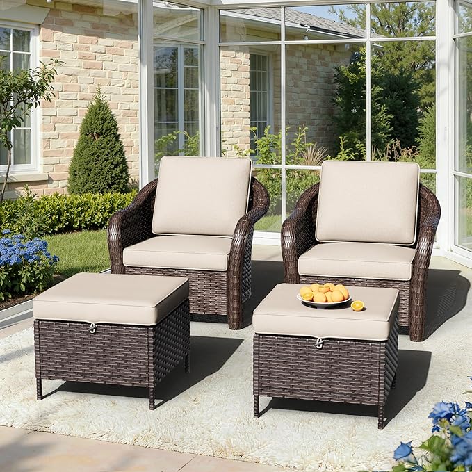 Outdoor Chairs Set with Ottomans, 4 PCS Patio Conversation Furniture Set with Removable Cushions - Photo 1