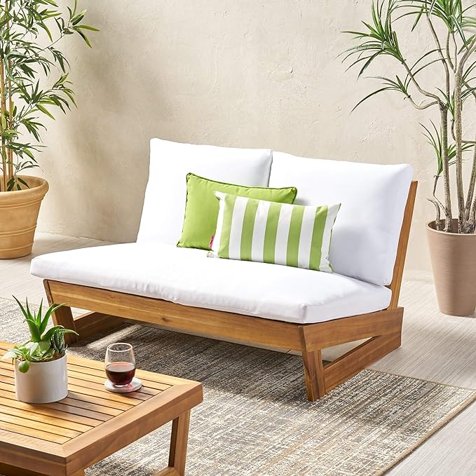 Great Deal Furniture Kaitlyn Outdoor Acacia Wood Loveseat with Cushions, Teak and White - Photo 1