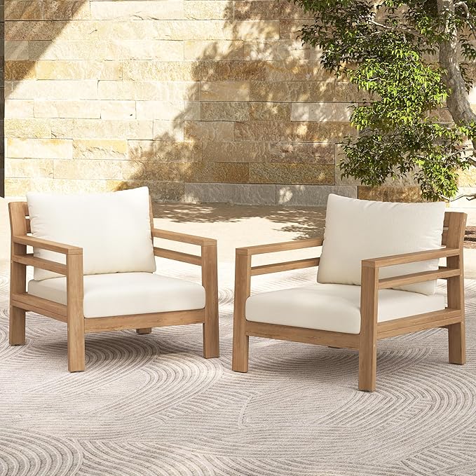 Christopher Knight Home Jamaia Outdoor Acacia Wood Club Chair Set of 2, Patio Armchair with Thick Beige Cushions, Deep Seating Furniture for Garden, Porch, Backyard, Balcony, Light Teak Finish, Beige