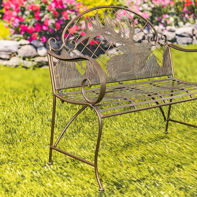 Classic Iron Garden Bench with Nature Scenery (Caribou Backrest in Bronze)