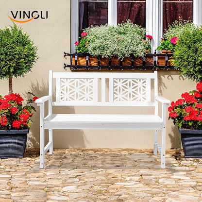 VINGLI 47" Outdoor Wood Bench, All Weather Outdoor Wooden Patio Garden Bench, Outside Loveseat 660lbs Capacity for Front Porch Park Entryway (White)
