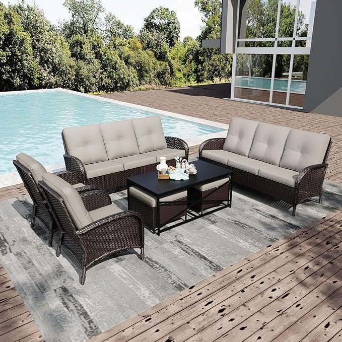 Joyside Wicker Patio Furniture Set, 7 Piece Outdoor Furniture Set with Thickened Cushions, High Back, Deep Seating, Wide Armrest, Rattan Outdoor Chairs for Porch, Deck