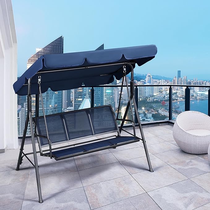 Yaheetech Outdoor Porch Swing Chair for Adults, 3-Seat Patio Sunset Hanging Swing w/Texteline Fabric & Adjustable Canopy & Armrests, Canopy Lounge Chair for Backyard/Garden/Balcony, Blue