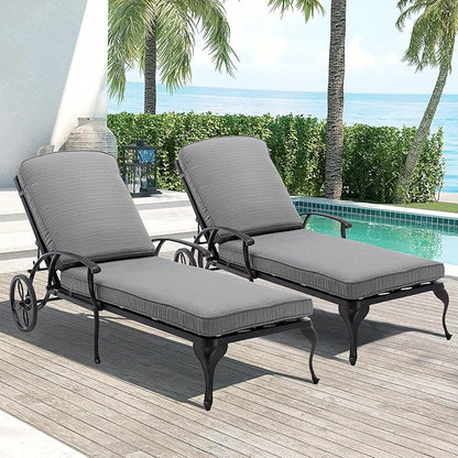 Chaise Lounge Chair Outdoor- Set of 2 Patio Pool Chairs Tanning Lounges for Outside Beach Lounger Reclining Cast Aluminum with Gray Cushions