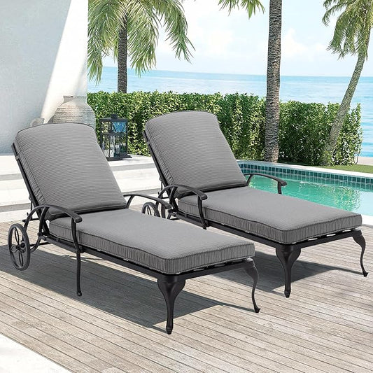 Chaise Lounge Chair Outdoor- Set of 2 Patio Pool Chairs Tanning Lounges for Outside Beach Lounger Reclining Cast Aluminum with Gray Cushions