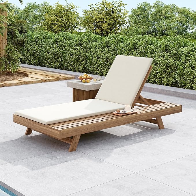 Christopher Knight Home Dami Patio Chaise Lounge Chair Outdoor with 2-Thick Cushion, Acacia Wood Poolside Sun Lounger, Space Available On One Side, Adjustable Backrest Pool Lounger, Light Brown+Cream