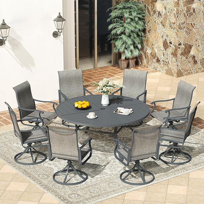 VICLLAX 60" Round Patio Dining Table for 8-10, All Weather Metal Outdoor Table with 1.57" Umbrella Hole and Surdy Frame for Garden Lawn Deck, Dark Grey