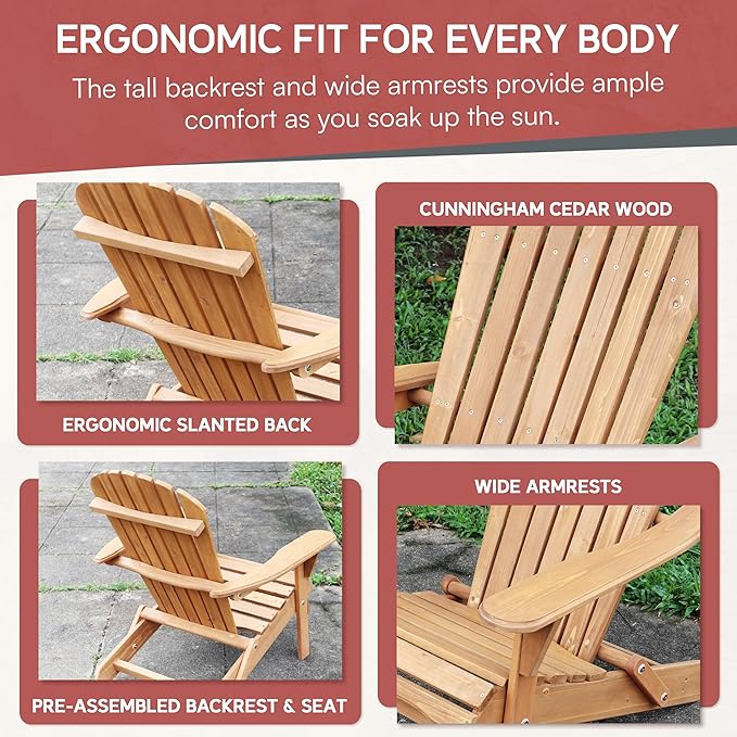 northbeam Wooden Folding Adirondack Chair Pre-Assembled Weather-Resistant Outdoor Chair for Patio, Lawn & Backyard, Wide Armrests, Back Rest & Seat Panel Assembled, Natural Cedar (Pre-Assembled)