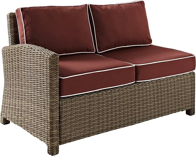 Crosley Furniture Bradenton Outdoor Sectional Left Side Loveseat, 2-Person Wicker Patio Couch for Deck, Brown with Sangria Cushions