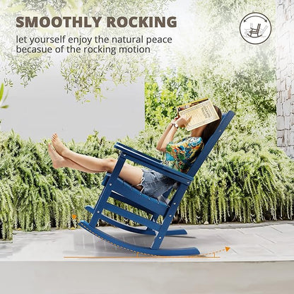 LUE BONA Outdoor Rocking Chairs Set, 3-Piece, HDPS Poly Porch Rockers with Table, Plastic Weather Resistant Rocking Chair Set for Outdoor Indoor, Garden, Backyard, 350lb, Navy Blue Chairs+Table