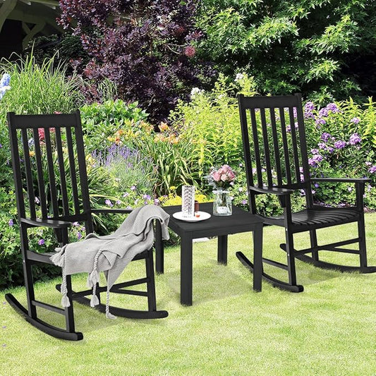 Tangkula Acacia Wood Porch Rocking Chair Set, Wooden Rocking Chair Rocker with High Back & Armrest for Indoor Outdoor Use, Patio Rocker for Garden Lawn Balcony Backyard Poolside (2, Black)