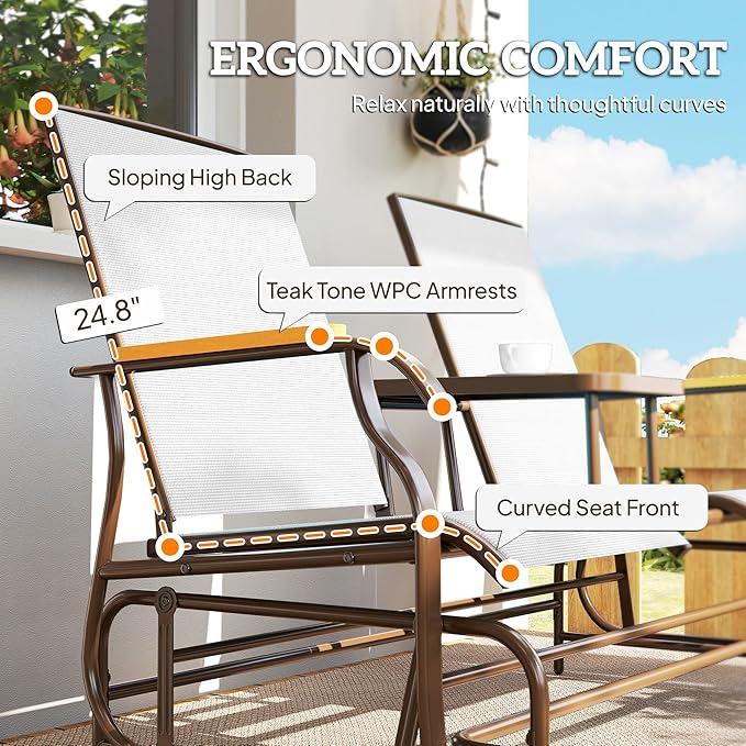 Outsunny 2 Person Outdoor Glider Bench, Patio Swing Glider Chair Loveseat with Breathable Mesh, Table, Steel Frame for Garden, Backyard, Porch, Cream White