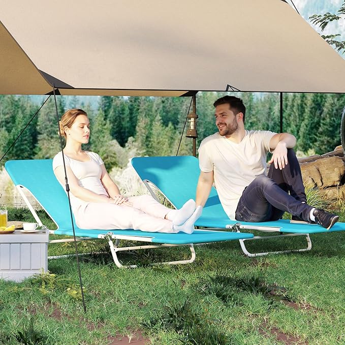 GYMAX Tanning Chair, 2Pcs Folding Beach Chairs with Adjustable Backrest, Footrest, 330lbs Capacity & Shoulder Strap, Portable Layout Sunbathing Loungers for Outside, Patio, Poolside (Turquoise)