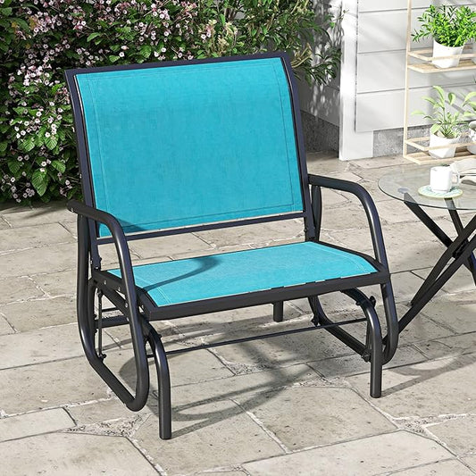 Outsunny Porch Glider, Metal Frame Swing Glider Chair with Breathable Mesh Fabric, Curved Armrests and Steel Frame for Garden, Poolside, Backyard, Balcony, Blue