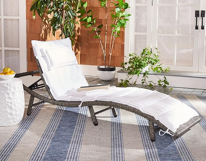 SAFAVIEH Outdoor Collection Colley Grey Brown Wicker/White Cushion Adjustable Recliner Chaise Lounge Chair (PAT7722C)