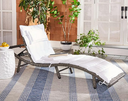 SAFAVIEH Outdoor Collection Colley Grey Brown Wicker/White Cushion Adjustable Recliner Chaise Lounge Chair (PAT7722C)
