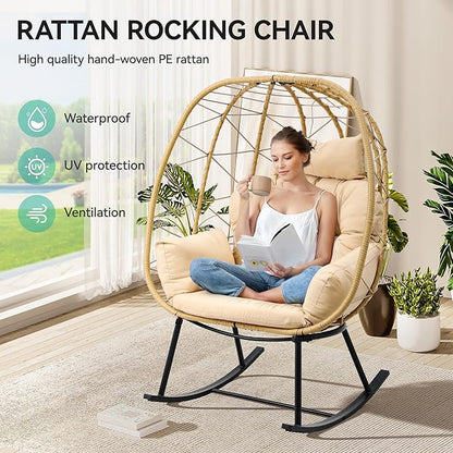 YITAHOME Wicker Rocking Egg Chair, Outdoor Patio Rocking Chair with Cushioned Comfort, 330lb Capacity, Anti-Slip, All-Weather Resilient Egg Lounger Chair for Indoor & Outdoor Relaxation Spaces, Beige