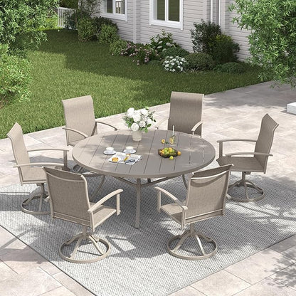 VICLLAX 63" Outdoor Round Patio Table with Umbrella Hole, All Weather Metal Round Outdoor Dining Table for Lawn Garden, 8-10 Person Table, Sandshell