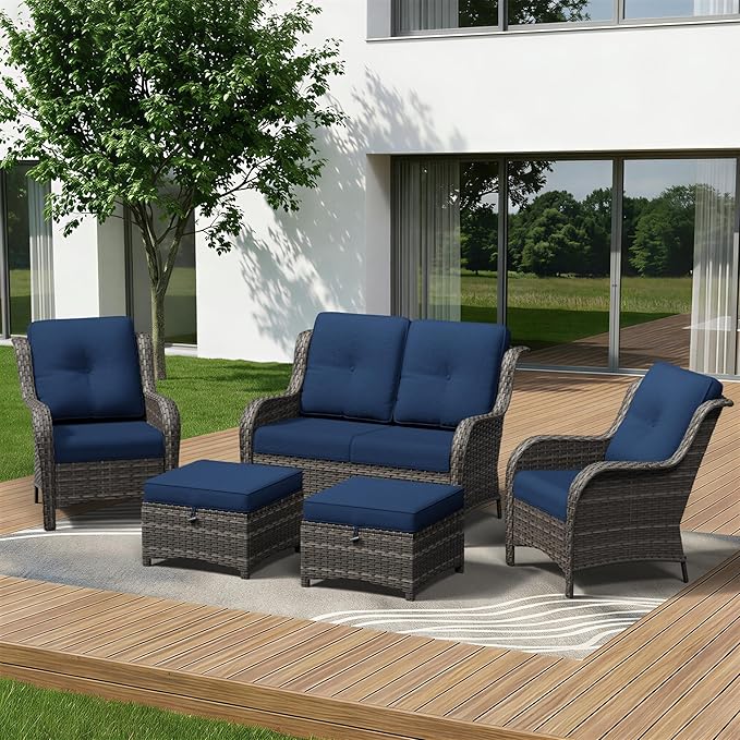 5 Piece Outdoor Wicker Patio Furniture Set, Patio Chairs Set with Thickened Olefin Cushions, High Back and Deep Seating - Photo 1