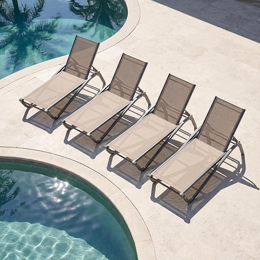 Lounge Chair Set of 4, Aluminum Chaise Lounge Outdoor, Lightweight Lounge Chairs for Outside with 5 Adjustable Backrest, Pool Lounger for Poolside, Beach, Balcony, Deck (Khaki)