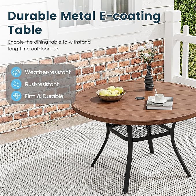Patio Dining Table for 4, Round Metal Outdoor Table with Storage Shelf, 1.57" Umbrella Hole, 41" Outdoor Slat Tabletop Dining Table for Backyard, Porch, Lawn, Walnut