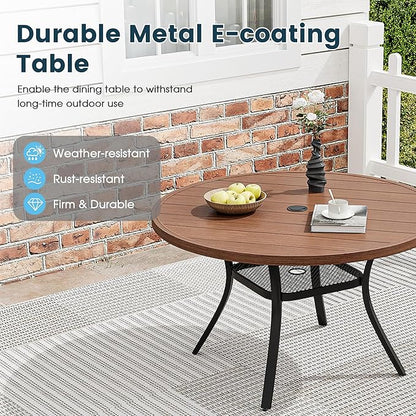 Patio Dining Table for 4, Round Metal Outdoor Table with Storage Shelf, 1.57" Umbrella Hole, 41" Outdoor Slat Tabletop Dining Table for Backyard, Porch, Lawn, Walnut