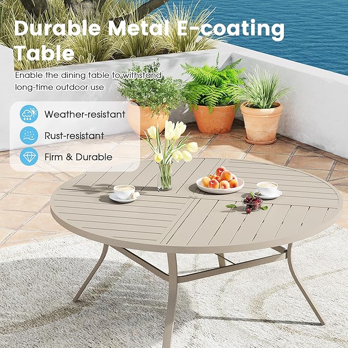 Patio Dining Table for 8-10, Round Metal Outdoor Table with Storage Shelf, 1.57" Umbrella Hole, 60" Outdoor Quartered Tabletop Dining Table for Backyard, Porch, Lawn, Sand