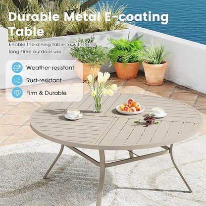 Patio Dining Table for 8-10, Round Metal Outdoor Table with Storage Shelf, 1.57" Umbrella Hole, 60" Outdoor Quartered Tabletop Dining Table for Backyard, Porch, Lawn, Sand