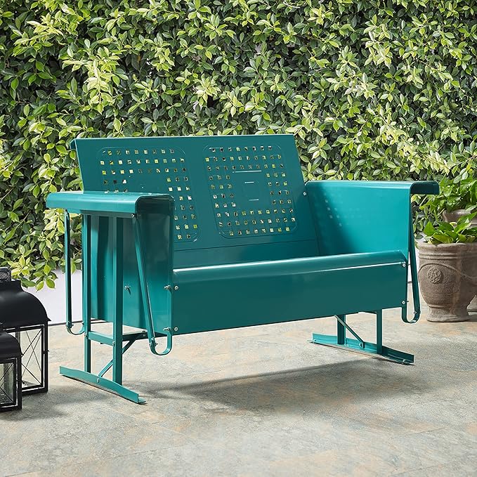 Crosley Furniture Bates Retro Metal Outdoor Loveseat Glider, 2-Person Rocking Patio Bench for Porch, Deck, Turquoise Gloss