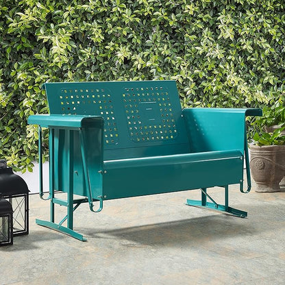 Crosley Furniture Bates Retro Metal Outdoor Loveseat Glider, 2-Person Rocking Patio Bench for Porch, Deck, Turquoise Gloss