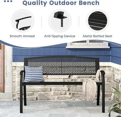 DIFY 50" Outdoor Bench Metal Garden Patio Furniture with Backrest & Slatted Seat for Porch, Park, Lawn, Black