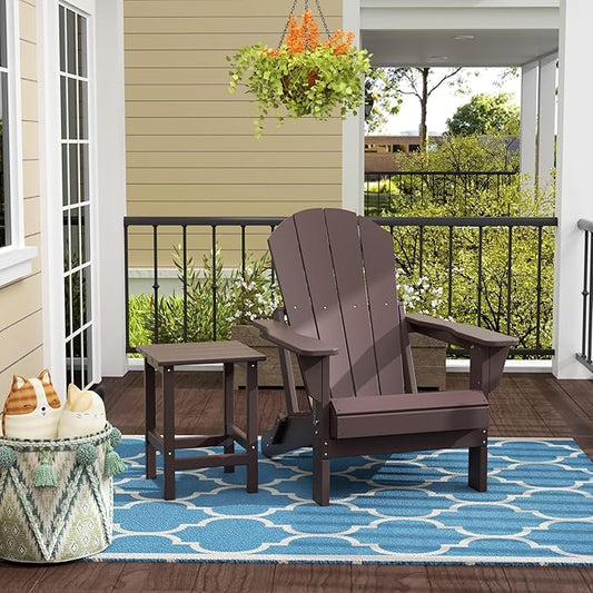 WestinTrends Malibu 2-Pieces Adirondack Chair Set with Side Table, All Weather Outdoor Seating Plastic Patio Lawn Chair Folding for Outside Porch Deck Backyard, Dark Brown