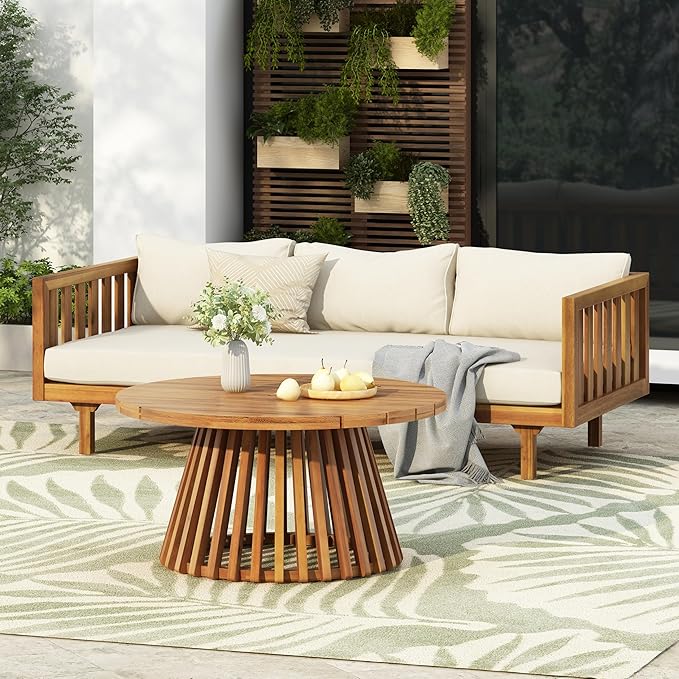 Merax Outdoor Acacia Wood Conversation Set - Patio 3-Seat Loveseat Sofa w/Coushion and Round Coffee Table for Backyard - Photo 1