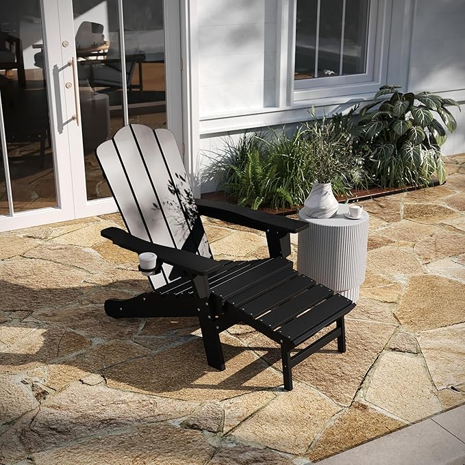 Taylor & Logan Hedley Adirondack Chair with Cup Holder and Pull Out Ottoman, All-Weather HDPE Indoor/Outdoor Lounge Chair in Black, Set of 2