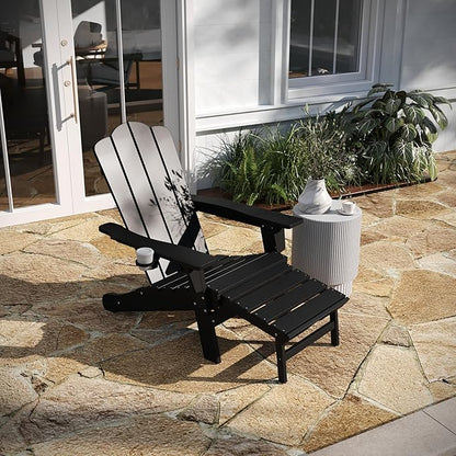 Taylor & Logan Hedley Adirondack Chair with Cup Holder and Pull Out Ottoman, All-Weather HDPE Indoor/Outdoor Lounge Chair in Black, Set of 2
