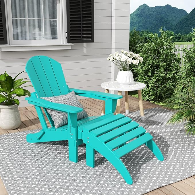 WestinTrends Malibu Outdoor Lounge Chair, 2-Pieces Adirondack Chair Set with Ottoman, All Weather Poly Lumber Patio Lawn Folding Chairs for Outside Pool Garden Backyard Beach, Turquoise