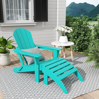 WestinTrends Malibu Outdoor Lounge Chair, 2-Pieces Adirondack Chair Set with Ottoman, All Weather Poly Lumber Patio Lawn Folding Chairs for Outside Pool Garden Backyard Beach, Turquoise