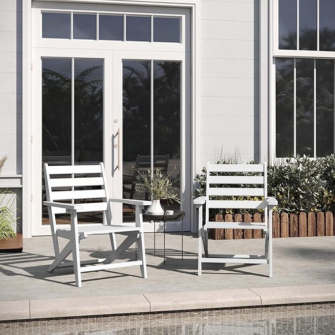 Flash Furniture Tolleson Adirondack Dining Chair with Cup Holder, Commercial Weather Resistant Recycled HDPE Adirondack Chair, Fold Out Cupholder, White