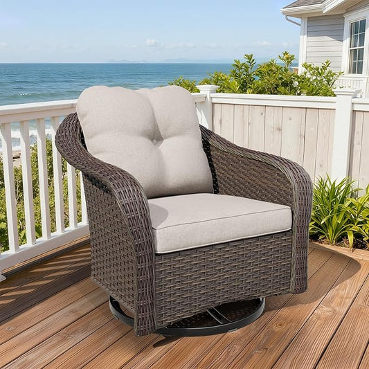 Wicker Swivel Rocking Chairs - Outdoor Brown Wicker Swivel Glider Chair Outdoor Rocking Chair with Water-Resistant Cushions, Beige