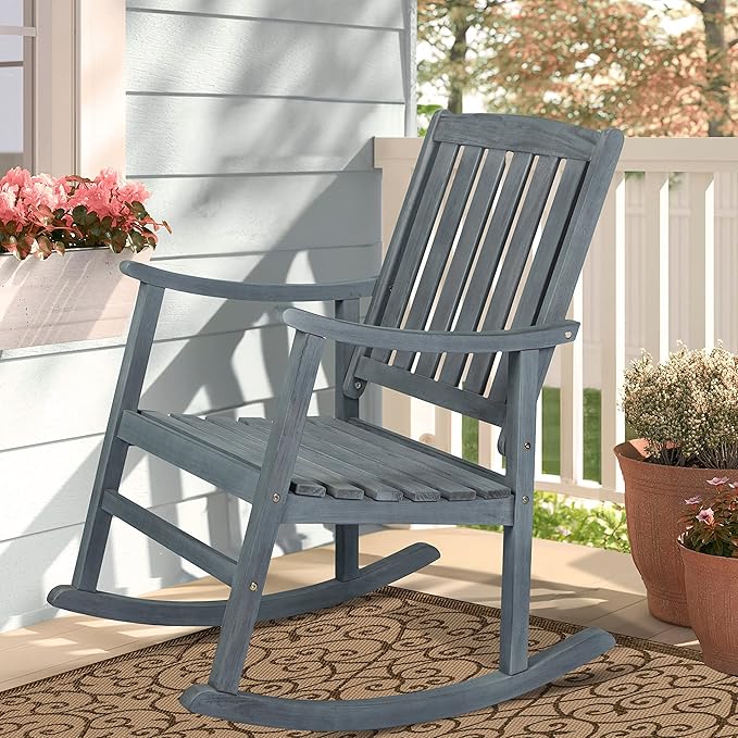 Eyely KCR102B Winnie Classic Slat-Back 300-Lbs Support Acacia Wood Patio Outdoor Rocking Chair for Garden, Lawn, Backyard, Pool, Deck, Beach, Firepit, Gray