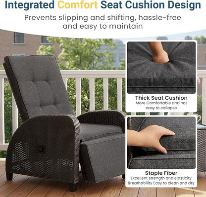 Green4ever Outdoor Patio Recliner with Adjustable Backrest and Footrest, All-Weather Wicker Patio Chair, 160° Lay Flat Patio Reclining Lounge Chair for Garden Backyard, Grey