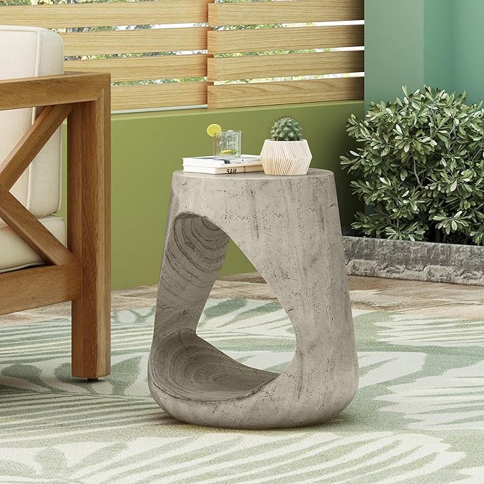 Outdoor Side Table Concrete End Table Patio Small Coffee Tables,Faux Wood Garden Stool Plant Stand for Porch, Backyard Patio Silver-Wood-Texture