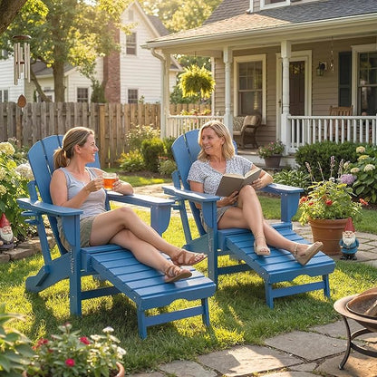 Outsunny Folding Adirondack Chair Set of 2, Outdoor HDPE Fire Pit Chair with Retractable Ottoman, Cup Holder and Large Seat for Deck, Garden, Backyard, Blue