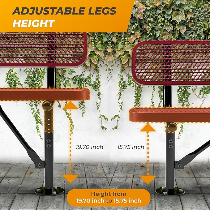 Heavy-Duty Outdoor Metal Bench, Thermoplastic-Coated, Surface, Weatherproof, Commercial-Grade for Parks, Gardens, Patios, Stores & More (8 Ft - Surface with Back, Red)