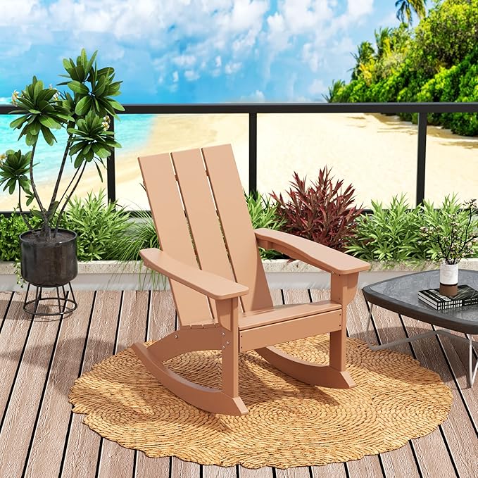 WO WESTIN OUTDOOR HDPE Shoreside Modern Rocking Poly Adirondack Chair,Teak