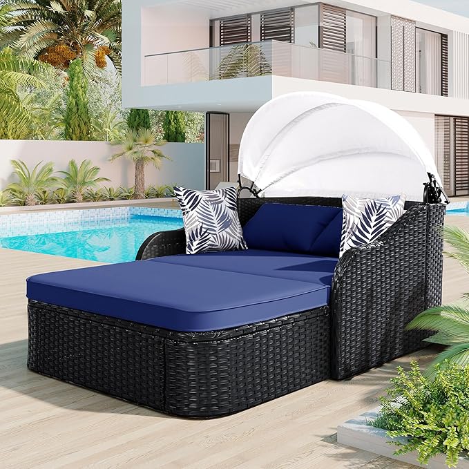 LUMISOL Outdoor Daybed with Retractable Canopy, PE Rattan Sunbed with Cushions, Double Lounge for Patio, Garden, Poolside, Black Wicker and Blue Cushion