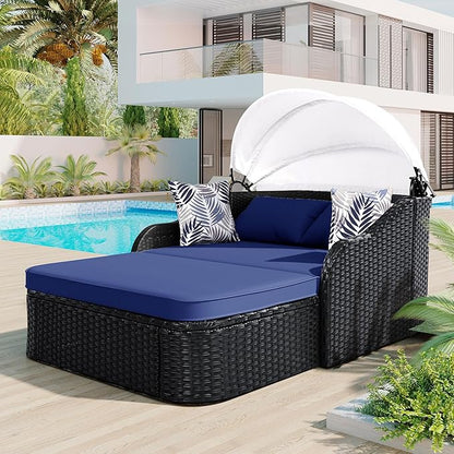 LUMISOL Outdoor Daybed with Retractable Canopy, PE Rattan Sunbed with Cushions, Double Lounge for Patio, Garden, Poolside, Black Wicker and Blue Cushion